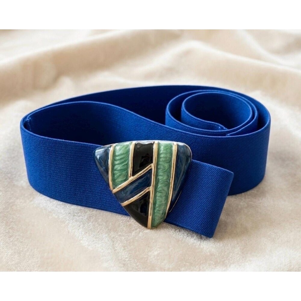 Vintage 80s Day Lop Cobalt Blue Elastic Belt Geometric Enamel Triangle Buckle 2"